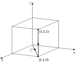 Evaluate the line integral \int _ { C } x y d x + z d y + y d z , where the curve C is given in the figure below.