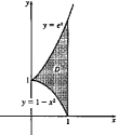The region D in \mathbb { R } ^ { 2 } shown below is bounded by x = 1, y = e ^ { x } , and y = 1 - x ^ { 2 } . (a) Compute \iint _ { R } x d A by finding \int _ { 0 } ^ { 1 } \int _ { 1 - x ^ { 2 } } ^ { e ^ { x } } x d y d x .(b) Write down the integral or integrals needed to compute \iint _ { R } x d A with the order of integration reversed.