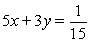 <strong>Use the intercept form to find the equation of the line with the given intercepts.The intercept form of the equation of a line with intercepts (a, 0) and (0, b) is x-intercept: (3, 0) y-intercept: (0, 5)</strong> A) 5x + 3y = 1 B) C) D) 3x + 5y = 15 E) 5x + 3y = 15