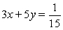 <strong>Use the intercept form to find the equation of the line with the given intercepts.The intercept form of the equation of a line with intercepts (a, 0) and (0, b) is x-intercept: (3, 0) y-intercept: (0, 5)</strong> A) 5x + 3y = 1 B) C) D) 3x + 5y = 15 E) 5x + 3y = 15