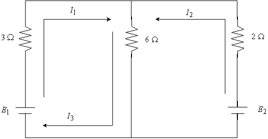 <strong>Consider the circuit shown in the figure below.The currents   ( in amperes ) are the solutions to the system of linear equations   , where   are voltages of 9 and 9 volts, respectively.Use the inverse of the coefficient matrix of this system to find the unknown currents.Round answers to nearest tenth.[Hint: If a current value turns out to be negative, it simply means that the current flow is in the opposite direction from that indicated in the figure below.]    </strong> A)   B)   C)   D)   E)   <div style=padding-top: 35px> 