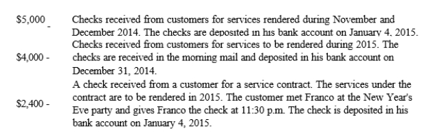 Franco is owner and operator of a cleaning service who uses the accrual method of accounting. He receives the following payments on December 31, 2014, the last business day of his tax year: How much of the $11,400 collected by Franco on December 31 must be included in his 2014 gross income?