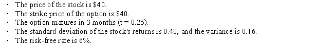 <strong>An analyst wants to use the Black-Scholes model to value call options on the stock of Heath Corporation based on the following data: Given this information, the analyst then calculated the following necessary components of the Black-Scholes model:   N(d<sub>1</sub>) and N(d<sub>2</sub>) represent areas under a standard normal distribution function. Using the Black-Scholes model, what is the value of the call option?  </strong> A) $2.81 B) $3.12 C) $3.47 D) $3.82 E) $4.20 <div style=padding-top: 35px> 
