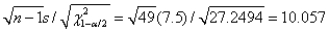 (A)   .The confidence interval formulas for   (not presented in the book)are: Lower limit =   =5.936 Upper limit =   (B)We are 99% confident that the population standard deviation   is between 5.936 and 10.057.(C)The best guess for the population mean is 48.5 hours per week,and about 95% of all employees are within 2 standard deviations of this,where we are almost sure (99% sure)that this standard deviation is between 5.9 and 10.1.But even if the standard deviation is only 5.9,then 48.5   standard deviations will produce the range 36.7 to 60.3.Maybe management should be concerned.