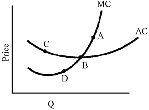 Figure 12-1 -In Figure 12-1, for a monopolistically competitive firm, long-run equilibrium can occur only at the quantity indicated by which point?