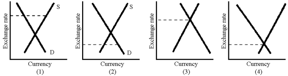 Figure 19-3 -Of the graphs in Figure 19-3, where the dotted line shows the actual exchange rate, which one shows a country with an undervalued currency and a balance of trade surplus?