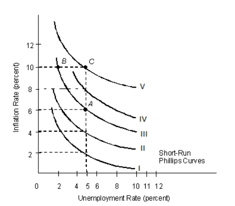 <strong>The figure given below shows the Phillips curves of the U.S.economy during early 1960s to late 1970s. Figure 14.2 Refer to Figure 14.2.If the natural rate of unemployment is 5 percent, which of the following would cause a movement along Phillips curve III from point A to point B?</strong> A)An inward shift of the aggregate demand curve B)An outward shift of the aggregate demand curve C)A movement down along the aggregate supply curve D)A movement down along the aggregate demand curve E)A movement up along the aggregate demand curve