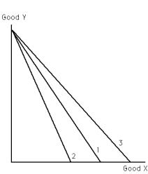 Exhibit 21-8 -Refer to Exhibit 21-8.If the price of good X rises,the budget constraint moves from budget constraint