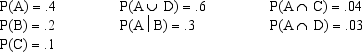 You are given the following information on Events A, B, C, and D. a.Compute P(D). b.Compute P(A <font face=symbol></font> B). c.Compute P(A<font face=symbol></font>C). d.Compute the probability of the complement of C. e.Are A and B mutually exclusive? Explain your answer. f. Are A and B independent? Explain your answer. g. Are A and C mutually exclusive? Explain your answer. h. Are A and C independent? Explain your answer.