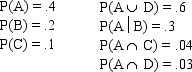 You are given the following information on Events A, B, C, and d. a. Compute P(D). b. Compute P(A \cap B). c. Compute P(A|C). d. Compute the probability of the complement of c. e. Are A and B mutually exclusive? Explain your answer. f. Are A and B independent? Explain your answer. g. Are A and C mutually exclusive? Explain your answer. h. Are A and C independent? Explain your answer.