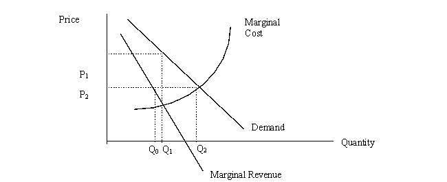 <strong>Suppose a market is controlled by a monopolist as depicted in the diagram below.P<sub>1</sub> represents the equilibrium price and P<sub>2</sub> a price ceiling set by law.Which of the following statements is true? </strong> A)The price ceiling will cause the equilibrium quantity to rise from Q<sub>1</sub> to Q<sub>2</sub>. B)The price ceiling will create a surplus of Q<sub>2</sub> - Q<sub>1</sub>. C)The price ceiling will create a shortage of Q<sub>2</sub> - Q<sub>1</sub>. D)The price ceiling will create a shortage of Q<sub>2 </sub>- Q<sub>0</sub>. E)The market will still be in equilibrium at the lower price.