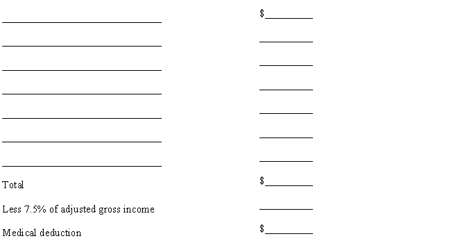 For 2016, Betsy and Bob, ages 62 and 68, respectively, are married taxpayers who file a joint tax return with AGI of $50,000. During the year they incurred the following expenses: In addition, their insurance company reimbursed them $3,100 for the above expenses. Using the format below, calculate Betsy and Bob's deduction for medical and dental expenses for 2016.