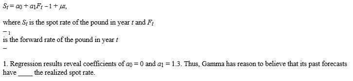 <strong>Regression results reveal coefficients of a₀ = 0 and a₁ = 1.3. Thus, Gamma has reason to believe that its past forecasts have ____ the realized spot rate. </strong> A)overestimated B)underestimated C)correctly estimated D)none of the above