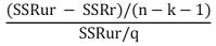 <strong>Which of the following correctly defines F statistic if SSR<sub>r</sub> represents sum of squared residuals from the restricted model of hypothesis testing,SSR<sub>ur</sub>represents sum of squared residuals of the unrestricted model,and q is the number of restrictions placed?</strong> A)F =   B)F =   C)F =   D)F =   <div style=padding-top: 35px> 