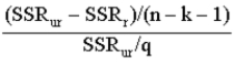 <strong>Which of the following correctly defines F statistic if SSRr represents sum of squared residuals from the restricted model of hypothesis testing, SSRur represents sum of squared residuals of the unrestricted model, and q is the number of restrictions placed?</strong> A)F = B)F = C) F = D) F =