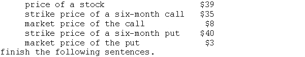 Given the following information, a. The intrinsic value of the call is _________. b. The intrinsic value of the put is _________. c. The time premium paid for the call is _________. d. The time premium paid for the put is _________. At the expiration of the options (i.e., after six months have lapsed), the price of the stock is $45. e. The profit (loss) from buying the call is _______.