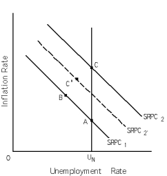 Exhibit 16-3 -Refer to Exhibit 16-3.The economy is at point C.If a decrease in aggregate demand is correctly anticipated in the short run,new classical theory would predict