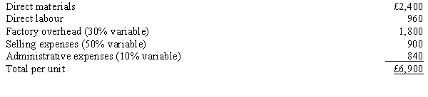 <strong>Figure 9-5 Reggie Ltd. manufactures a single product with the following unit costs for 1,000 units: Recently, a company approached Reggie Ltd. about buying 100 units for £5,100 each. Currently, the models are sold to dealers for £7,800. Reggie Ltd.'s capacity is sufficient to produce the extra 100 units. No additional selling expenses would be incurred on the special order. Refer to Figure 9-5. How much will income change if the special order is accepted?</strong> A) increase by £398,400 B) decrease by £180,000 C) increase by £111,600 D) no change