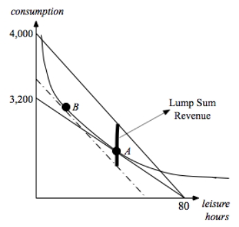 a.This is the steeper of the two solid budget constraints in the graphs below.  b.This is the shallower of the two solid budget constraints in the graphs below.  c.This is illustrated in the first graph as the vertical distance above A.         d.The second graph shows how much could have been raised from this worker without making him worse off if we used a lump sum tax that does not distort prices.Since this is larger than what we actually raise in the first graph,the tax is inefficient.  e.Within the model,a wage tax of 20% would look exactly the same way -- whether the worker is taxed at the time of receiving the paycheck or when he goes to the store to purchase goods is irrelevant to the analysis.In the real world,however,the worker might put part of his paycheck aside as savings.As a result,it matters whether the tax is taken out as he gets his paycheck or whether it is taken when he purchases goods.The broad based consumption tax differs from the wage tax in the real world because of the different impact the two might have on savings behavior and intertemporal choices.