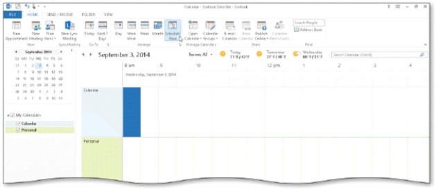 <strong> As shown in the accompanying figure,the ____ displays one day at a time.</strong> A) item area B) Date Navigator C) My Calendars pane D) Schedule View