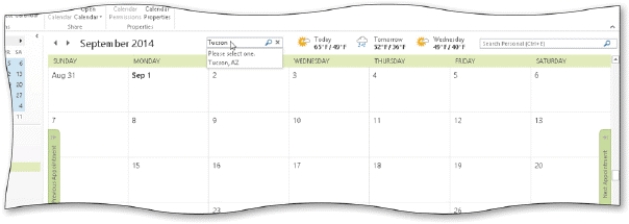 As shown in the accompanying figure,you can add a city to the calendar Weather Bar.