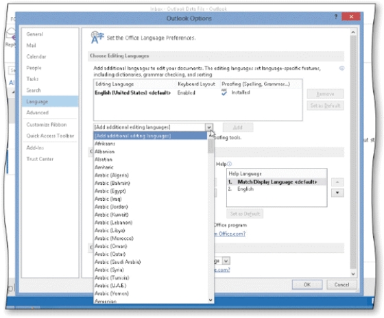 As shown the accompanying figure,you can set Outlook's default language by selecting the name of the language and then tapping or clicking the Set as Default button.