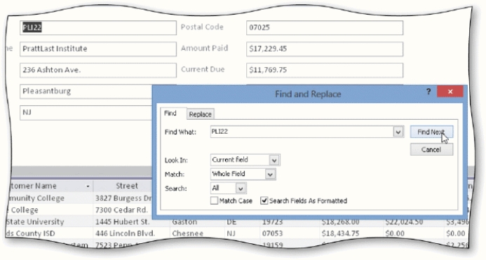 <strong> To search for a specific record tap or click the ____ button on the HOME tab to display the Find and Replace dialog box shown in the accompanying figure.</strong> A) Search B) Filter C) Search and Edit D) Find