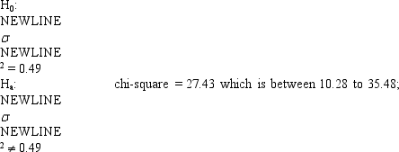   Do not reject H<sub>0, </sub>there is not sufficient evidence to conclude that the standard deviation of the population is significantly different from 0.7