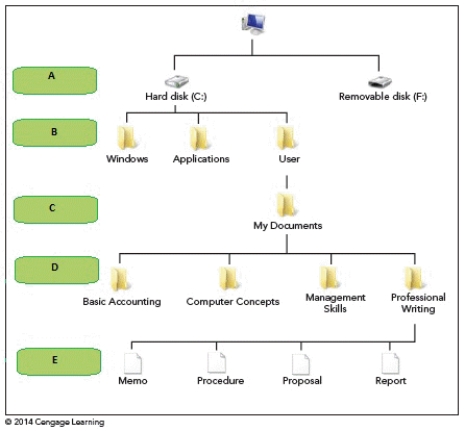 <strong> The folders in the level marked by box ____ in the accompanying figure are designed to contain subfolders for your personal files.</strong> A)A B)B C)C D)D