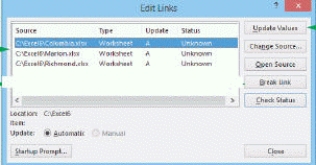<strong> Click the button marked ____ in the accompanying figure to replace the link to a source file with the current values for the linked cells.</strong> A)Break Link B)Update Values C)Check Status D)Change Source