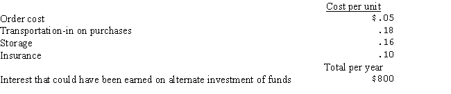<strong>The following data refer to various annual costs relating to the inventory of a single-product company that requires 10,000 units per year: What is the annual carrying cost per unit?</strong> A)$ .21 B)$ .29 C)$ .34 D)$ .44