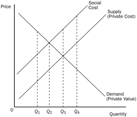 <strong>Figure 10-4 Refer to Figure 10-4.Externalities in this market could be internalized if</strong> A)there were a tax on the product. B)there were a subsidy for the product. C)production were stopped. D)the Coase theorem failed.