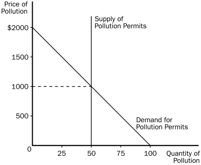 Figure 10-8 -Refer to Figure 10-8.This graph shows the market for pollution when permits are issued to firms and traded in the marketplace.The equilibrium price of pollution is