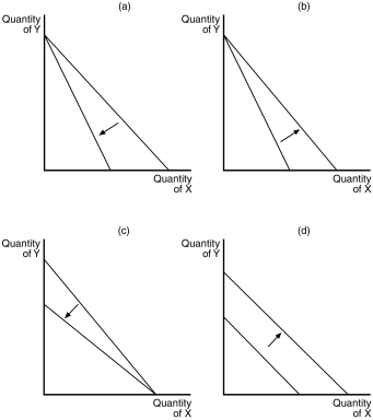 <strong>Figure 21-2   Refer to Figure 21-2.Which of the graphs in the figure reflects an increase in the price of good Y only?</strong> A)graph (a) B)graph (b) C)graph (c) D)graph (d) <div style=padding-top: 35px> 