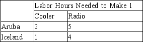 <strong>Table 3-5 Assume that Aruba and Iceland can switch between producing coolers and producing radios at a constant rate. Refer to Table 3-5. Which of the following combinations of coolers and radios could Aruba produce in one 40- hour week?</strong> A) 3 coolers and 7 radios B) 5 coolers and 6 radios C) 11 coolers and 4 radios D) 13 coolers and 3 radios