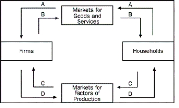 <strong>Figure 2-1 Refer to Figure 2-1.Which arrow shows the flow of income payments?</strong> A)arrow A B)arrow B C)arrow C D)arrow D