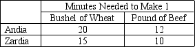 <strong>Table 3-1 Assume that Andia and Zardia can switch between producing wheat and producing beef at a constant rate. Refer to Table 3-1.Which of the following combinations of wheat and beef could Andia produce in one 8-hour day?</strong> A) 6 bushels of wheat and 35 pounds of beef B) 9 bushels of wheat and 25 pounds of beef C) 15 bushels of wheat and 20 pounds of beef D) 24 bushels of wheat and 40 pounds of beef