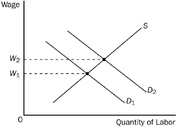 Figure 18-10 -Refer to Figure 18-10.Which of the following would shift of the labor demand curve from D₁ to D₂?