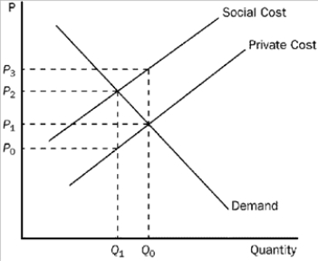 <strong>Figure 10-5 Refer to Figure 10-5. Which of the following statements is correct?</strong> A) The marginal benefit of the positive externality is measured by P3 - P1. B) The marginal cost of the negative externality is measured by P3 - P2. C) The marginal cost of the negative externality is measured by P3 - P1. D) The marginal cost of the negative externality is measured by P3 - P0.