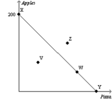 <strong>Figure 21-2 The downwardsloping line on the figure represents a consumer's budget constraint. Refer to Figure 21-2. A consumer who chooses to spend all of her income could be at which point(s) on the figure?</strong> A) V only B) Z only C) V, W, X, or Y only D) W, X, or Y only