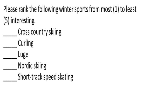 <strong> Figure TB 7-2 What type of response scale is used in the question accompanying figure,asking about winter sports?</strong> A) nominal B) ordinal C) interval D) ratio