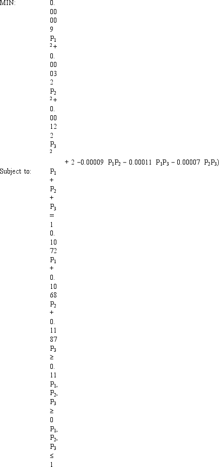 An investor is developing a portfolio of stocks.She has identified 3 stocks in which to invest.She wants to earn at least 11% return but with minimum risk. Let: P<sub>i </sub>= proportion of total funds invested in i,i = A,B,C The NLP for this problem is: What formulas should go in cells G4:J14 of the spreadsheet for this problem? NOTE: Formulas are not required in all of these cells.