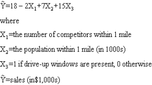 The following regression model has been proposed to predict sales at a fast food outlet. a.What is the interpretation of 15 (the coefficient of X<sub>3</sub>) in the regression equation? b.Predict sales for a store with 2 competitors, a population of 10,000 within one mile, and one drive-up window (give the answer in dollars). c.Predict sales for the store with 2 competitors, a population of 10,000 within one mile, and no drive-up window (give the answer in dollars).