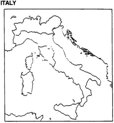 Please use this outline map of Italy to answer the question(s). On the map of Italy, locate the five major powers that emerged on the Italian peninsula: the kingdom of Naples and Sicily, the Papal States, Florence, Venice, and Milan.