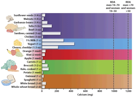 <strong>Based on this visual, which of the following statements is false?  </strong> A) Fruits are poor sources of calcium. B) Grains are good sources of calcium. C) Tofu is higher in calcium than sunflower seeds. D) Yogurt is higher in calcium than 1% milk and cheddar cheese. <div style=padding-top: 35px> 