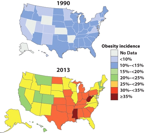 <strong>Based on these two maps representing the percentage of obese adults, which of the following statements is FALSE? </strong> A) Obesity throughout the United States is rising. B) The southern states tend to have the lowest percentage of obese adults. C) There has been a substantial increase in the number of obese adults in the majority of the states. D) In 1990, several states didn't track obesity rates among adults.