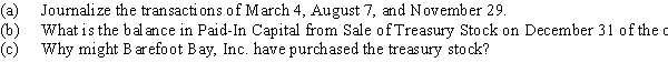 On March 4 of the current year, Barefoot Bay, Inc. reacquired 5,000 shares of its common stock at $89 per share. On August 7, Barefoot Bay sold 3,500 of the reacquired shares at $100 per share. The remaining 1,500 shares were sold at $88 per share on November 29.Required