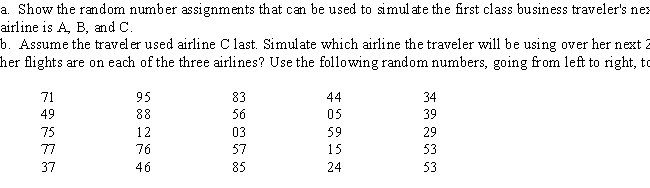 Three airlines compete on the route between New York and Los Angeles.Stanton Marketing has performed an analysis of first class business travelers to determine their airline choice.Stanton has modeled this choice as a Markov process and has determined the following transition probabilities: 