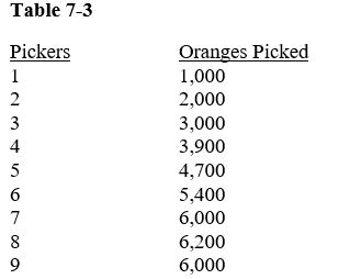 John Amaker owns orange groves and hires pickers for a two-week period as shown in Table 7-3.Table 7-3 -In Table 7-3, diminishing returns set in with picker