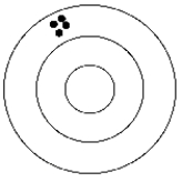 <strong>The figure below represents the bull's eye target for an archer.The black dots represent where the archer's arrows hit:   How can this archer be described?</strong> A)precise but not accurate B)neither accurate nor precise C)accurate and precise D)accurate but not precise E)cannot be described from the data presented <div style=padding-top: 35px> 